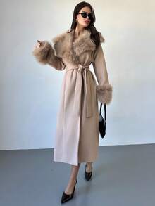 Firerie 女士优雅奢华复古硬币休闲、通勤、派对、都市时尚百搭保暖毛领、毛袖口、收腰长款驼色大衣，秋冬 - 杏色 - 查看 5