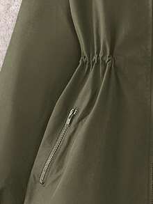 SHEIN 青少年女孩休闲连帽豹纹印花内衬束腰中长款夹克秋冬女童服装 - 軍綠色 - 查看 3