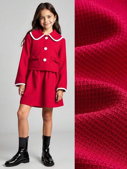 Ontre 青少年女孩撞色彼得潘领夹克和裙子休闲装