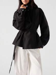 LYSMO Women's Black Striped Turtleneck Dropped Shoulder Long Sleeve Fashionable Versatile Trench Coat, Autumn,Winter Clothes For Women - Black - View 5