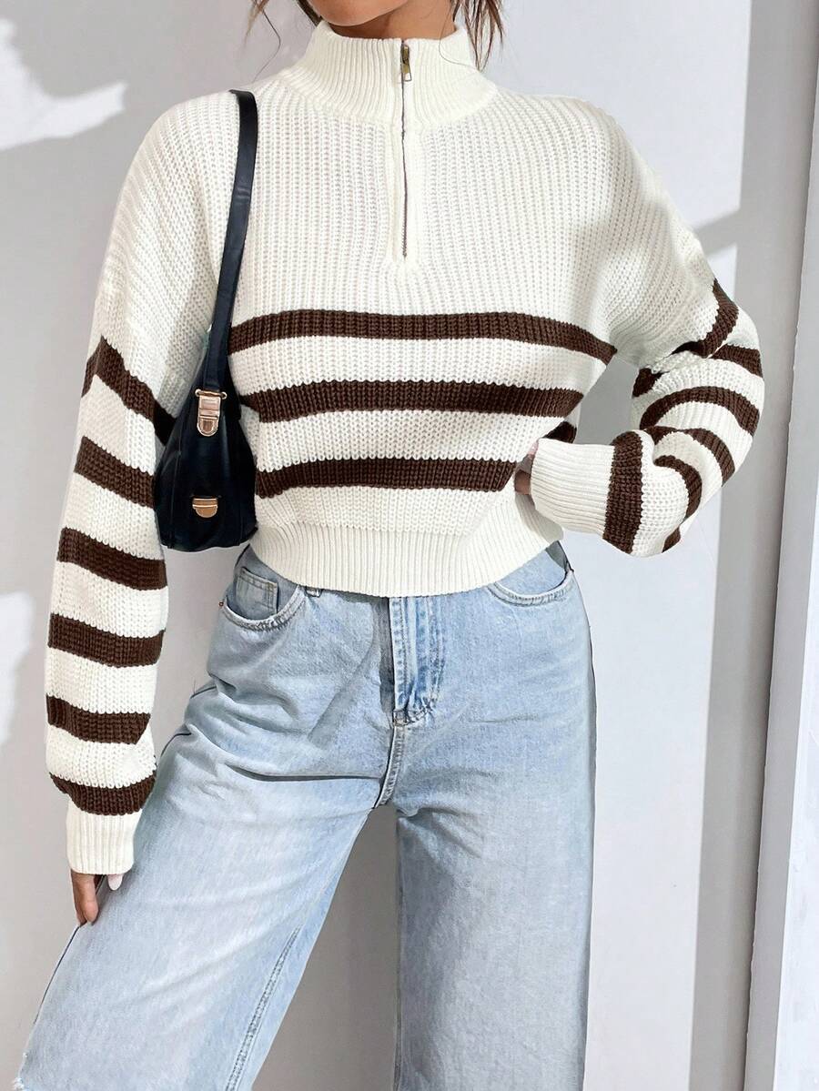 SHEIN Unity 宽松休闲女式条纹落肩长袖半开襟拉链毛衣,秋冬 - 彩色 - 查看 1