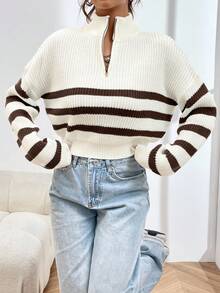 SHEIN Unity 宽松休闲女式条纹落肩长袖半开襟拉链毛衣，秋冬 - 彩色 - 查看 6
