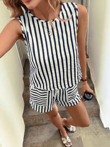 Easowa Bộ 2 món áo không tay kẻ sọc thường ngày dành cho nữ, thích hợp mặc hàng ngày vào mùa hè - Màu xanh hải quân - Xem 4
