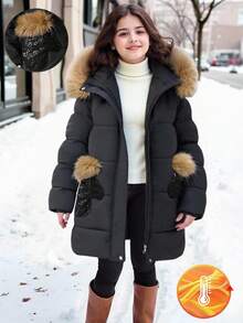 SHEIN 1pc Girls' Pink Hooded Padded Coat With Pockets And Sequin Design, Mid-Length, Suitable For Autumn/Winter - Black - View 1