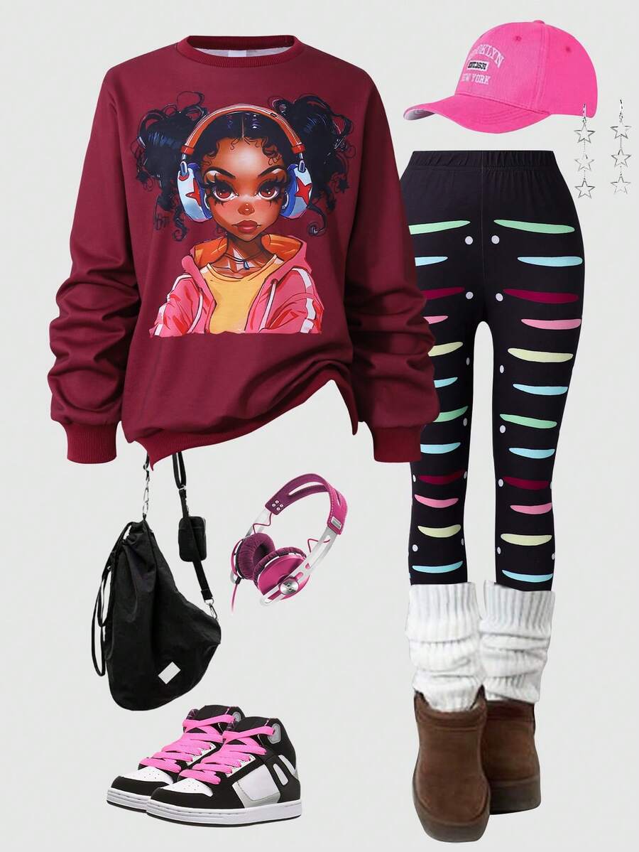 Tween Girl Hip Hop Graphic Print Sweatshirt And Colorful Moon Print Pants Set, Suitable For Street Style - Burgundy - View 1