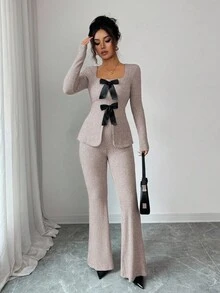 Elenzga 女式优雅蓬松罗纹针织蝴蝶结领长袖收腰上衣和喇叭裤两件套 - 粉色 - 查看 4