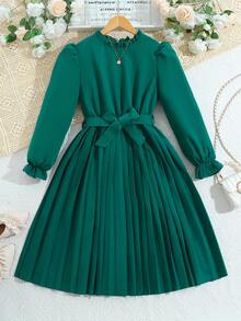 Sparklyn 少女度假休闲优雅褶皱长袖连衣裙 - 綠色 - 查看 3