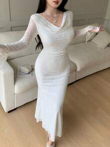Feyla Elegant Commuter Solid Color Jacquard Flared Collar Flare Sleeve Dress - White - View 5
