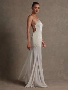 L'Amorae Satin Chiffon Mixed Media Backless One Shoulder Gown Graduation Prom Wedding Birthday - Apricot - View 3