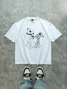 Manfinity ZONE917 Oversized Casual Funny Dalmatian Print White Cotton Knit T-Shirt (Wide Sleeves, Collar, Hem)