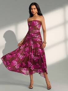 Almamuse Women's Elegant Beach Vacation Strapless Floral Print Dress - Mocha Brown - View 4