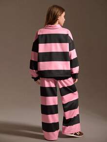 SHEIN Tween-Mädchen 2-teiliges Outfit, gestreiftes Sweatshirt mit lockerem Kragen und lockerer, lässiger Jogginghose, lässiges Herbst-/Winter-Farbblocking in Pink und Kaffee, weich und bequem für den Alltag - Pink - Übersicht 6