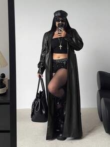 Sunspun Plus Size Stand Collar Belt Tied Pockets Long Sleeve PU Trench Coat Fall Winter Cloth For Women Autumn - Black - View 6