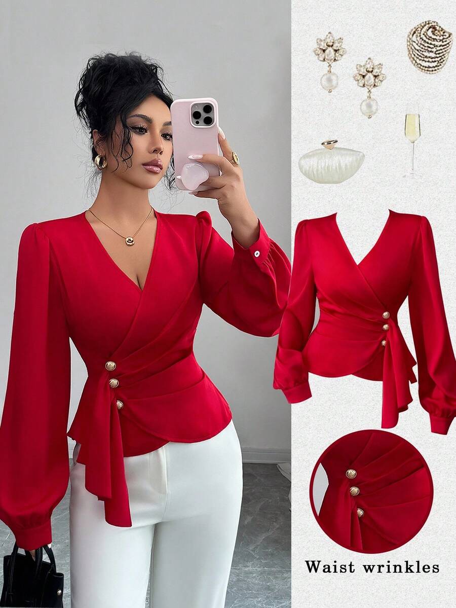 Elenzga A Lady Weaves An Elegant Autumn Shirt - Red - View 1