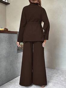 SHEIN 2pcs Maternity Casual Commuter Solid Color Shirt And Pants Set, Autumn Wide Leg Pants Set Brown Set Women Pants Suits For Woman Maternity Clothes Two Piece Suits Pants Suit - Coffee Brown - View 2