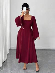 Elenzga Christmas Elegant Vintage French Style Square Collar Asymmetrical Flare Sleeve Pearl Color Block Dress, Fashionable For Autumn/Winter - Red - View 6