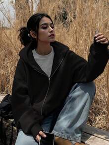 INAWLY Women's Solid Color Drop Shoulder Long Sleeve Zipper Front Casual Loose Sweatshirt, Autumn - Black - View 4