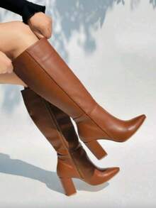 Botas altas de mujer estilo minimalista, punta fina, tacón grueso, para oficina y moda urbana - Marrón - Ver 4