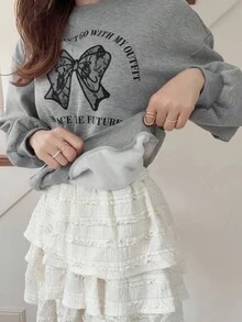 FRIFUL 女式花卉灰色圆领蕾丝蝴蝶结贴花小字母印花落肩长袖宽松休闲百搭羊毛运动衫，秋冬 - 灰色 - 查看 1