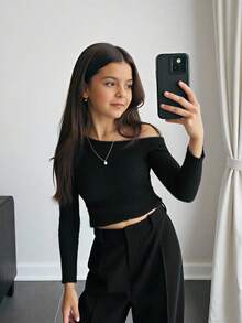 SHEIN 青少年女孩短袖针织T恤，休闲日常百搭百搭