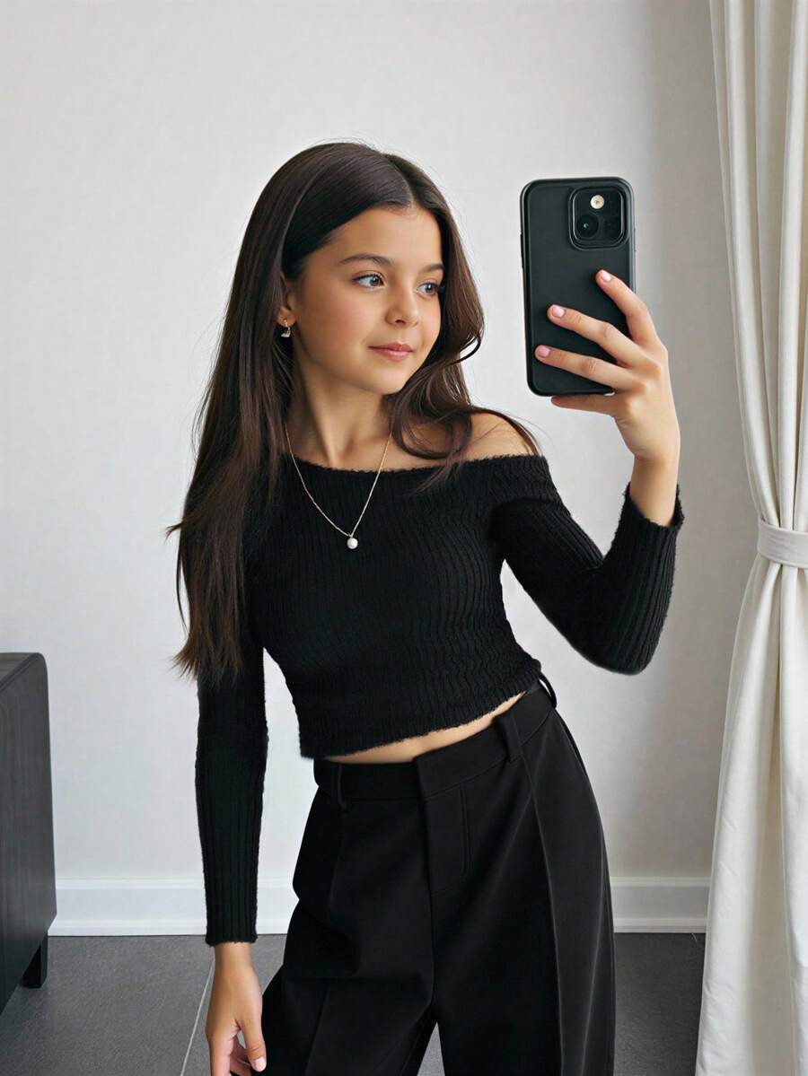 SHEIN 青少年女孩短袖针织T恤，休闲日常百搭百搭