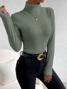 SHEIN Frenchy 长袖高领纹理面料 T 恤 - 墨綠色 - 查看 3