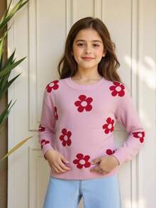 SHEIN Tween 女童休闲花卉图案圆领毛衣 - 粉色 - 查看 10