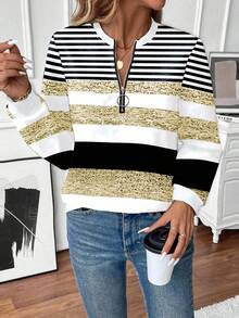 SHEIN LUNE Sweatshirt Fashion Wanita, Kerah Bulat, Lengan Panjang, Resleting Setengah, Kerah, Manset, dan Bagian Bawah Bergaris Kontras, Motif Garis Asimetris, Abu-abu - MultiWarna - View 3