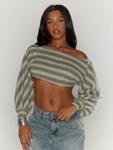 MUSERA 露脐不对称肩宽灯笼袖条纹针织上衣，适合性感外出、夜生活、可爱约会、舒适优雅的假期穿着，春夏皆宜。 - 彩色 - 查看 1