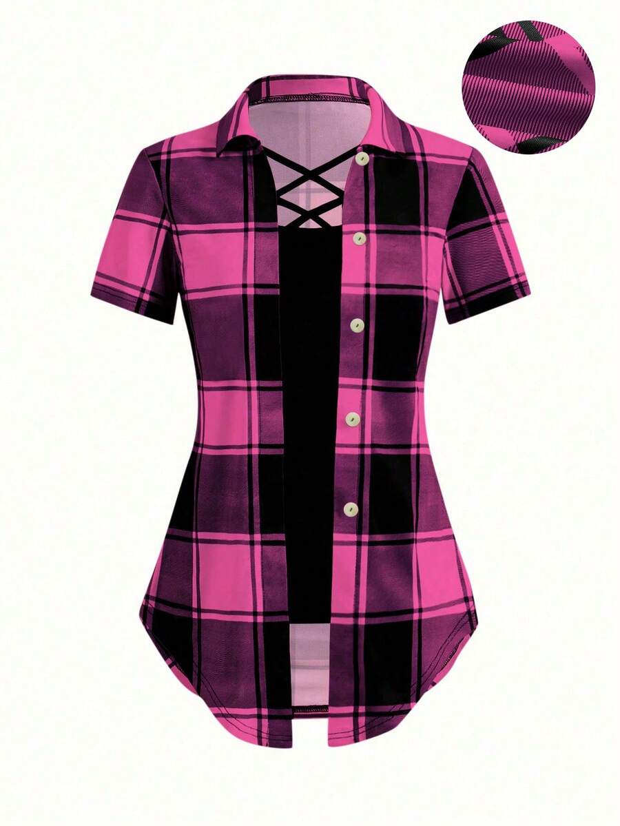 EMERY ROSE AB 拼接领翻领二合一格子短袖 T 恤图案 T 恤女上衣 - 中紫紅色 - 查看 1