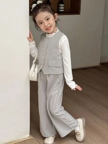 SHEIN 年轻女孩休闲圆领前扣背心和宽松直筒裤套装 - 灰色 - 查看 4