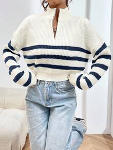 SHEIN Unity Suéter holgado y casual de mujer con rayas, manga larga de hombro caído, media cartera y cremallera, para otoño/invierno - Multicolor - Ver 3