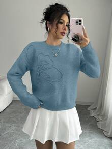 Elenzga Suéter de cuello redondo para mujer con estampado floral y unicolor - Neblina azul - Ver 7
