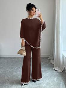Elenzga Women's Casual Loose Poncho Design Top And Loose Contrast Color Pants Knit Two Pieces Set - Coffee Brown - View 6