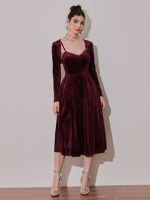 Modelyn 女士纯色长袖吊带背心和细肩带中长连衣裙优雅套装 - 酒紅色 - 查看 5