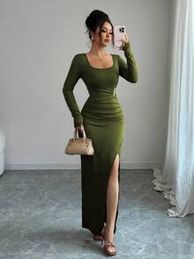 Selianne Đầm midi dự tiệc cổ vuông tay dài thanh lịch, cao cấp, khóa kim loại, eo nhún, viền bất đối xứng, dành cho nữ, mùa thu - xanh quân đội - Xem 4