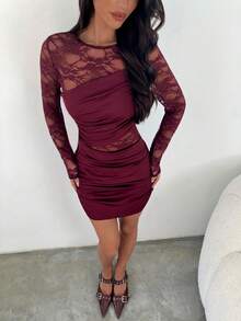 Aloruh Women's Autumn/Winter New Arrival Mini Dress, Long Sleeve Dress, Wine Red Lace Patchwork Vintage Romantic Sexy Elegant Lady Dress Long Sleeve Elegant Dress See Through Dress Wine Dress Mesh Dress Fall Clothes For Women Winter Clothes For Women Autumn Clothes Autumn Outfits For Women Fall Clothes Fall Outfits For Women Party/Nightclub/Y2K Outfit Burgundy Dress Dark Red Dress Red Wine Dress,Wedding Guest Dress Women