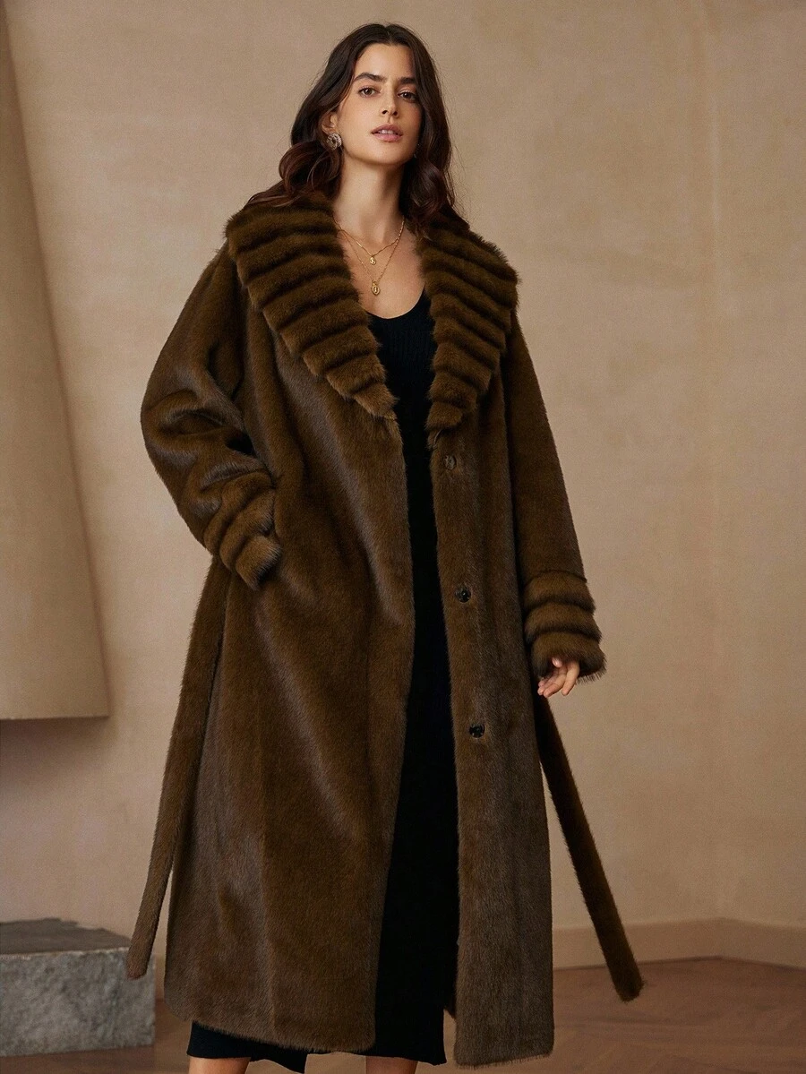 Aveloria Rosie Fashionable Versatile Waist Belt Slim Fit Lapel Long Minimalist Knee-Length Elegant Faux Fur Coat - Brown - View 1