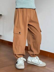 SHEIN Young Boys Casual Letter Embroidered Cargo Pants - Brown - View 7