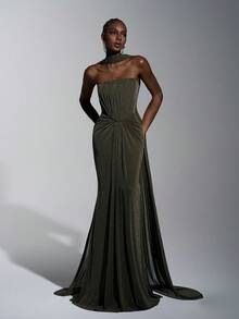 Elitara Minimalist Structuralist Handcrafted Pleated Strapless Bodycon Dress, Suitable For Evening Gowns, Business Formal, Guest Dresses, Mesh Dresses, Formal Dresses, Maxi Dresses