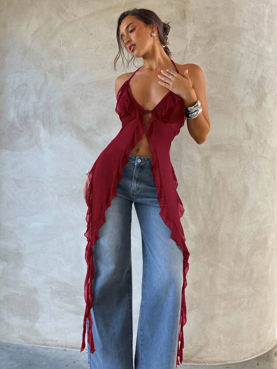 Aloruh Women's Sexy Halter Neck Chiffon Blouse,Sexy Tops - Burgundy - View 1