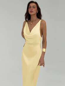 Aloruh Đầm hở lưng cổ khoét sâu màu trơn thanh lịch gợi cảm - Vàng nhạt - Xem 5