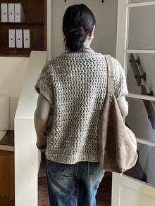 DAZY 女士宽松商务休闲优雅圆领针织毛衣背心两件套，秋冬 - 軍綠色 - 查看 4