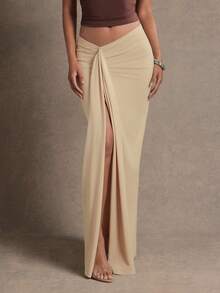 L'Amorae Women Draped Skirt With Slit In Soft Jersey Knit - Apricot - View 2