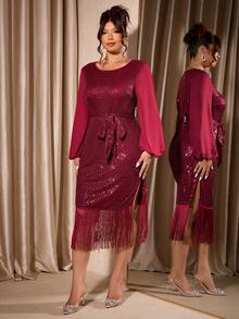 Cravure Christmas Plus Size Elegant Party Chiffon Patchwork Sequin Tassel Fitted Dress - Burgundy - View 3