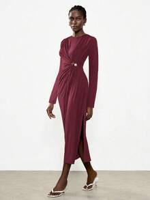 Lumivelle Women's Modern Round Neck Ruched Button Decor Waist Fitted Bodycon Side Slit Long Sleeve Dress - Burgundy - View 7