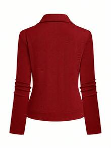 GlowEve Áo khoác xe máy ve áo có khóa kéo bằng vải họa tiết thường ngày dành cho nữ - Đỏ - Xem 3