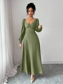 Elenzga Women's Elegant Square Neck Puff Sleeve Waist Cinched Maxi Dress, Suitable For Daily Commute - Green - View 6