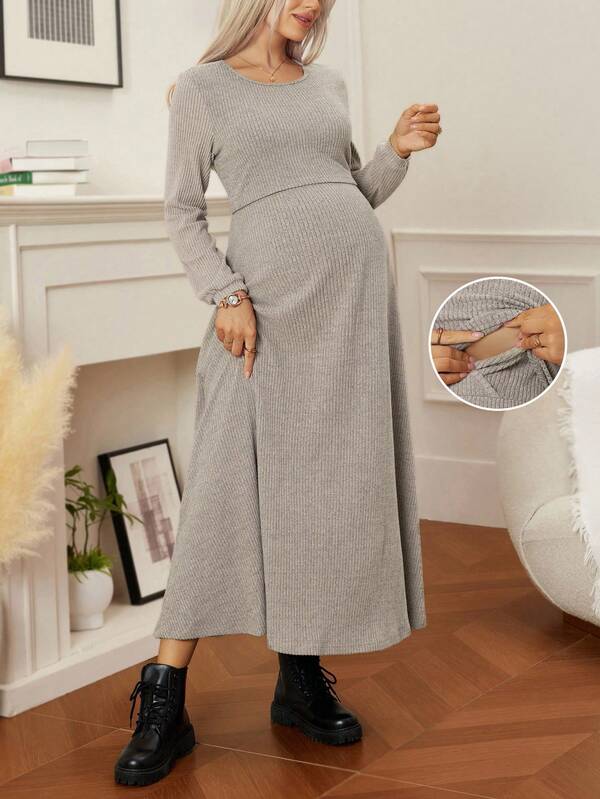SHEIN Maternity Casual Solid Color Nursing Dress, Autumn