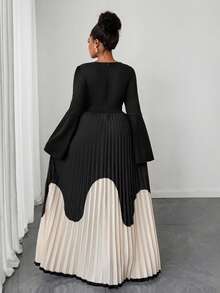 Maweii Elegancka, swobodna, plisowana sukienka maxi dla kobiet w dużych rozmiarach, z dekoltem w serek i długim rękawem, z nadrukiem, jesień/zima